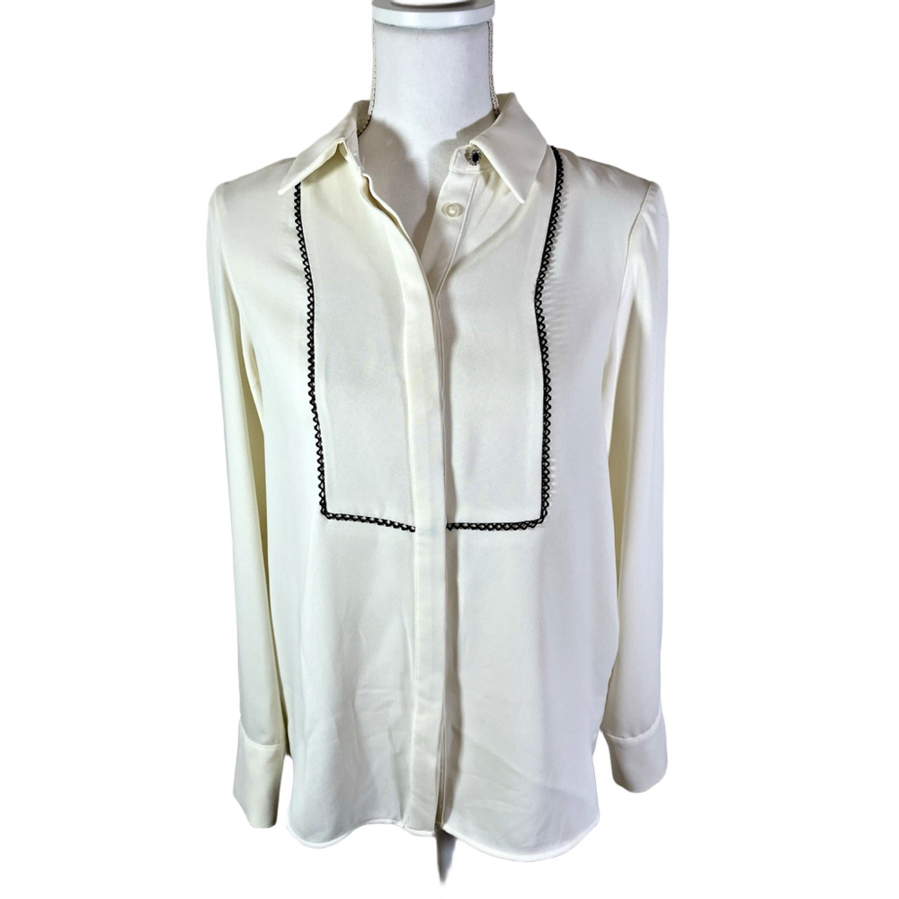 Zara Ivory Bib Blouse Button Down Long Sleeves Sz XS
